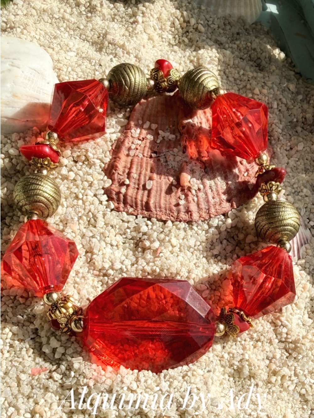 Alquimia Vibrant Red Faceted Statement Bracelet with Antique Gold Accents
